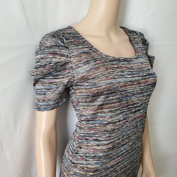 Forever 21 Women’s Square Neck Striped Puff Sleeve Bodycon Knit Dress Medium - Picture 3 of 16